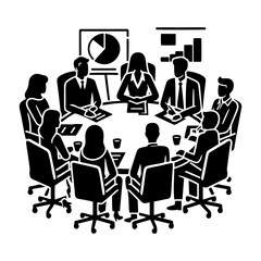 Office teamwork planning session with professional employees collaborating in business meeting using laptops around round table showing productivity and communication