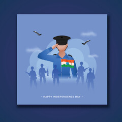 Happy Independence Day Concept with Faceless Female Officer Saluting, Silhouette Soldiers, India Flag and Fighter Jets on Blue Background.
