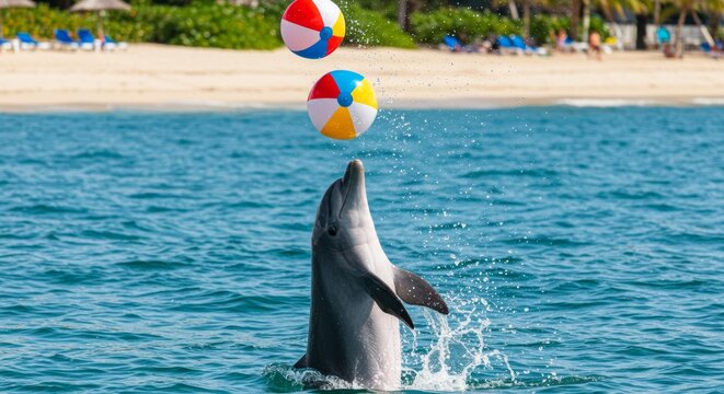 Delightful dolphin juggling colorful beach balls in the turquoise tropical sea