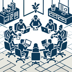 Flat vector of corporate professionals sitting in business meeting around desk showing teamwork collaboration productivity planning and group communication in office