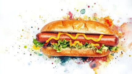Watercolor Hot Dog, Mustard, Bun, Lettuce, Food Photography