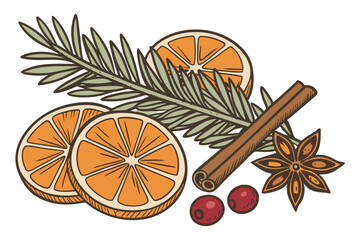 192 orange slices, pine branches, cinnamon sticks, star anise, cranberries, photorealistic, intricate details, vibrant colors, 4k, high quality