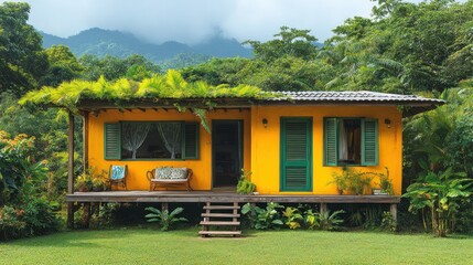 Tropical Yellow Cottage in Lush Green Landscape