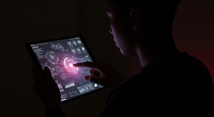 Young User Interacting with a Futuristic Tablet Interface in the Dark