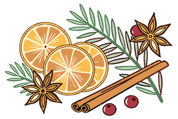 192 orange slices, pine branches, cinnamon sticks, star anise, cranberries, photorealistic, intricate details, vibrant colors, 4k, high quality