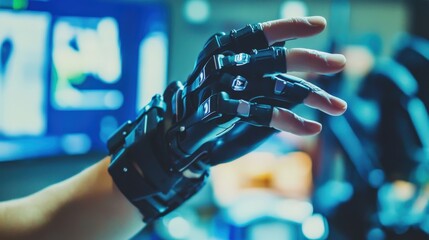 Close-up view of a futuristic robotic hand glove.