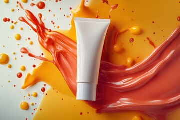 White tube mockup, vibrant paint splash, studio shot, cosmetic ad