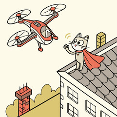 Cartoon drone saving lost kitten from rooftop with superhero cape