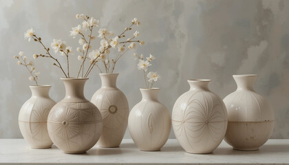 Cream ceramic vases with delicate dried flowers in soft minimalist interior still life