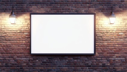 Empty billboard mounted on brick wall at night, lit by lanterns
