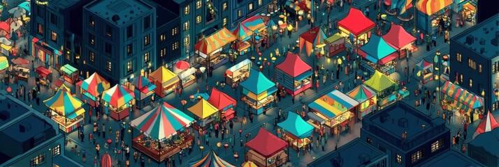 Obraz premium Isometric Night Market Bustling With Colorful Lights, Food Stalls, and Lively Crowds in a Vibrant Urban Setting Generative AI