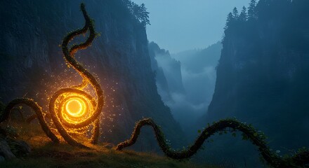 Glowing Orb in Mountain Landscape with Vines