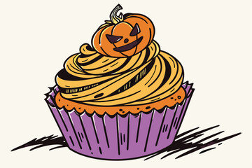 193 cinematic, detailed, highly textured, pumpkin cupcake, jack-o'-lantern topper, purple cupcake wrapper, rich orange buttercream frosting, vibrant colors, intricate design, realistic, 8k, hyper deta
