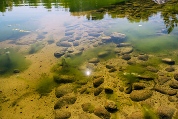 The sparkling water surface gently shimmers with lovely ripples beneath the warm sunlight