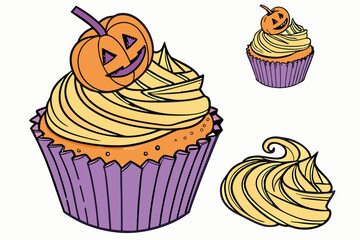 193 cinematic, detailed, highly textured, pumpkin cupcake, jack-o'-lantern topper, purple cupcake wrapper, rich orange buttercream frosting, vibrant colors, intricate design, realistic, 8k, hyper deta