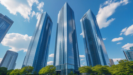 Obraz premium Glass tower cluster shot with environmental integration. Professional architecture photography for urban planning or investment visuals.