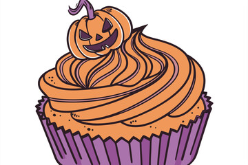 193 cinematic, detailed, highly textured, pumpkin cupcake, jack-o'-lantern topper, purple cupcake wrapper, rich orange buttercream frosting, vibrant colors, intricate design, realistic, 8k, hyper deta