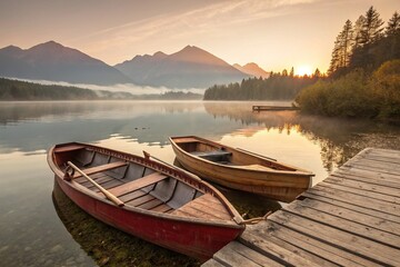 Two wooden boats moored at a dock on a serene lake at sunrise with mountains