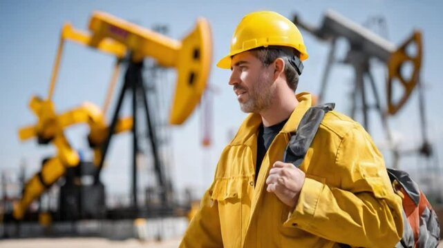 Industrious Engineer at Work: A dedicated engineer stands in a field of pumpjacks, his attention fixed on the petroleum industry's complex machinery, embodying diligence and technical expertise.
