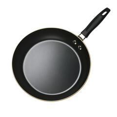 Sturdy black frying pan with a nonstick surface centered on a bright white background perfect for cooking delicious meals isolated on transparent background..
