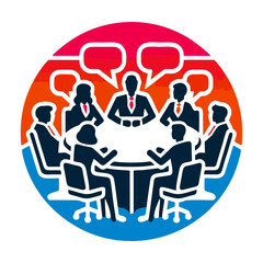 Business meeting room with professional staff around a table discussing strategic planning teamwork coordination and corporate communication in a modern workplace illustration

