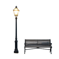 A street lamp illuminating a dark scene next to a bench with a black background in the night time © 扁平化图标 