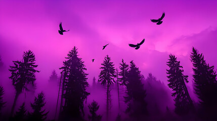 Fototapeta premium Enchanted Misty Forest with Silhouetted Birds Against Purple Sky
