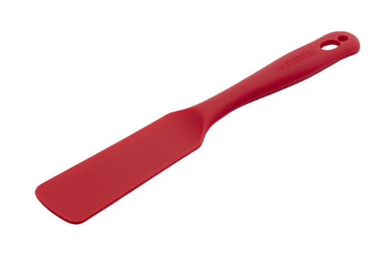 A vibrant red silicone spatula resting on a clean white surface, showcasing its sleek design and functionality, ideal for cooking enthusiasts and kitchenware promotions