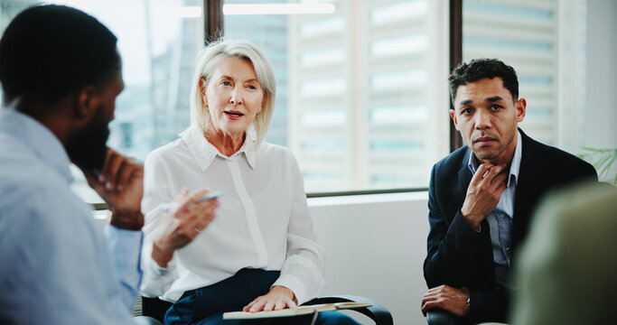 Business people, therapist or meeting with discussion for mental health, recovery or rehabilitation. Counseling, team or employees with support group for work intervention or therapy session together