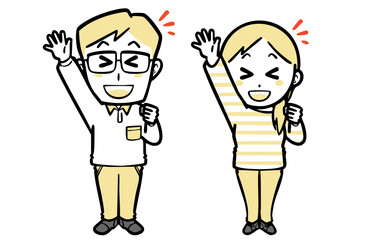 笑顔で挙手する、普段着の若い夫婦