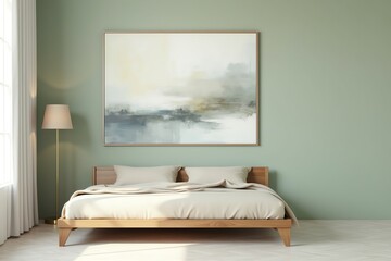 Serene bedroom scene with abstract painting