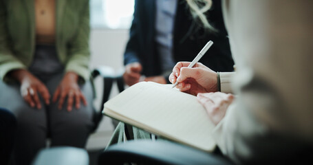 Counseling, hands or writing with book in group meeting for support, therapy session or report at...