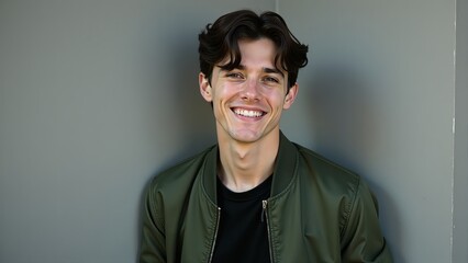 Obraz premium Smiling Young Man Against Gray Background