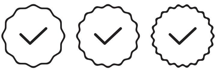 Verified badge icons. Social media profile check mark set. Approved check mark with tick symbol. Verified profile badge set. 