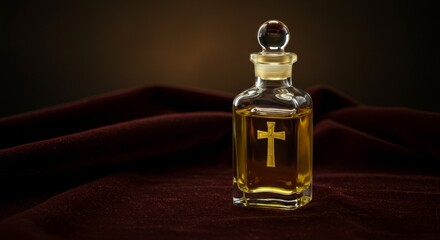 Elegant Bottle of Anointing Oil with a Golden Cross on Velvet Fabric