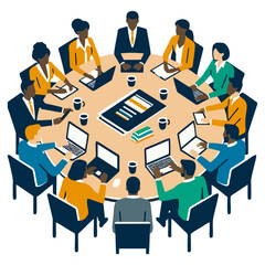 Teamwork collaboration in business meeting vector showing professional office employees around table with laptops documents and charts for productivity and corporate success planning