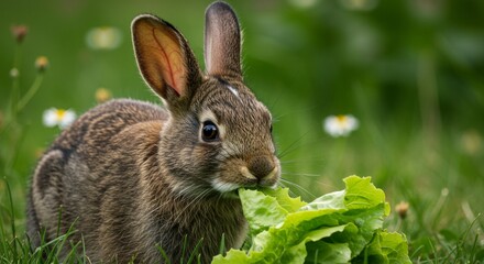 Fototapeta premium Brown hare munching fresh lettuce amidst a lush green meadow scenery