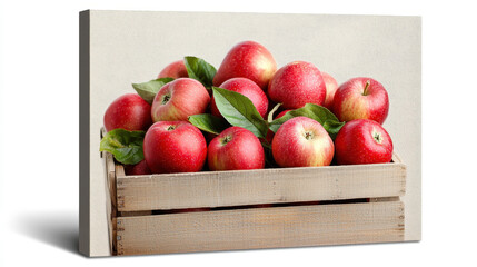 Fresh red apples in wooden crate with green leaves create vibrant and inviting display