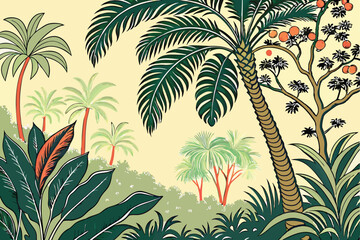 195 tropical palm trees, lush jungle foliage, detailed botanical illustration, vintage, classical painting style, vibrant colors, photorealistic, highly detailed