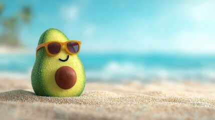 Obraz premium Cartoonish Avocado with Sunglasses and Smile on a Beach Background