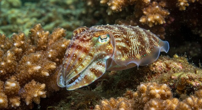 Magnificent cuttlefish with intricate patterns hides near the coral reef