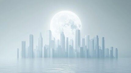 Fototapeta premium A serene, futuristic cityscape floats on a misty sea under a full moon.