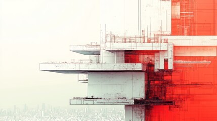 Abstract architectural illustration in red and white tones.