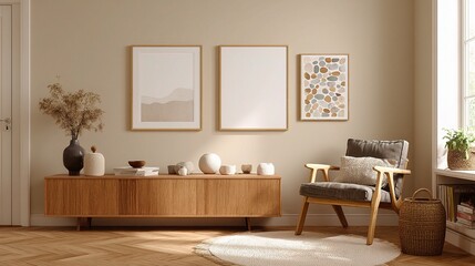 Neutral Interior Room Mockup with Wooden Furniture and Artwork