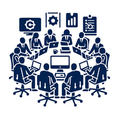 Office teamwork concept showing business professionals in group collaboration around round meeting table using laptops and documents for corporate communication and productivity success