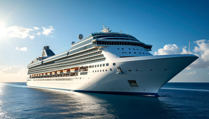 Close-Up of a Giant White Commercial Cruise Ship on the Ocean