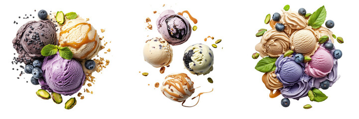 Set of A close-up of triple scoops of blueberry, strawberry, and raspberry ice cream in a bowl with frost details and berries on transparent png background. Ai generated