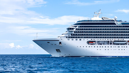 Close-Up of a Giant White Commercial Cruise Ship on the Ocean