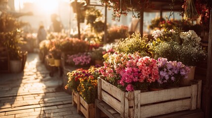 Fototapeta premium Vibrant Flower Market Scene with Wooden Crates Under Warm Light