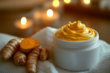 Photo of Turmeric cream in a white jar with turmeric powder and fresh turmeric on the side , spa room on background,Turmeric Extract ,  Generative AI